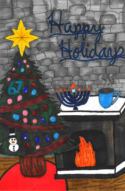 7th grade runner up: Christmas tree, Menorah, and a cup of cocoa near a fireplace