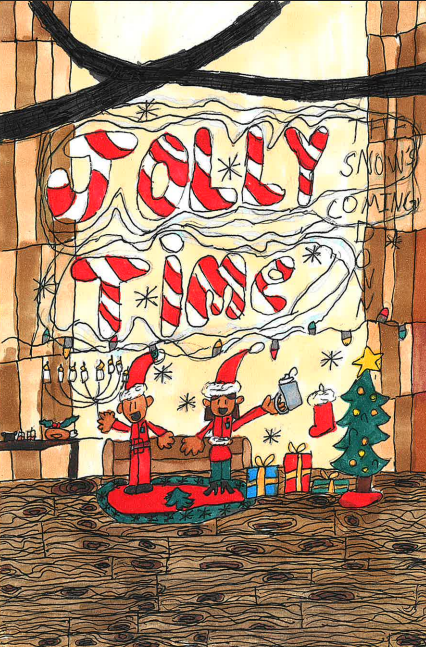 7th grade runner up: two elves with a tree, cocoa, and Menorah