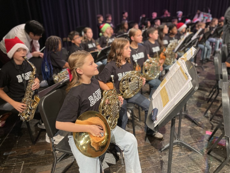 Students playing the French horn on the stage