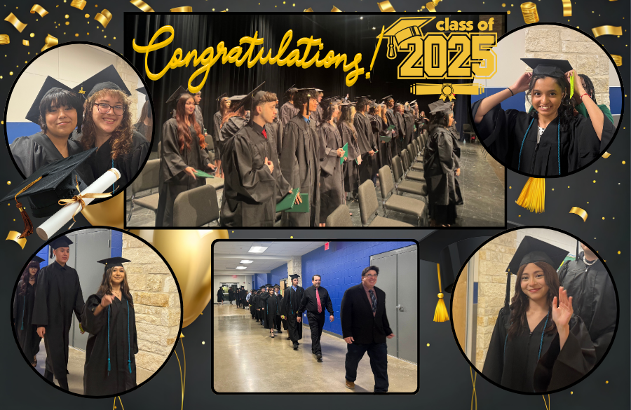 The images capture memorable moments from the Class of 2025 graduation ceremony. Students are dressed in traditional black caps and gowns