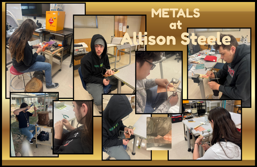 students working with metals, sawing and polishing copper.