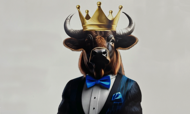 a buffalo in a tuxedo with blue bowtie wears a crown on its head