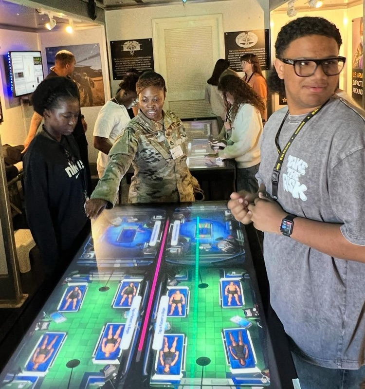 students in medical truck