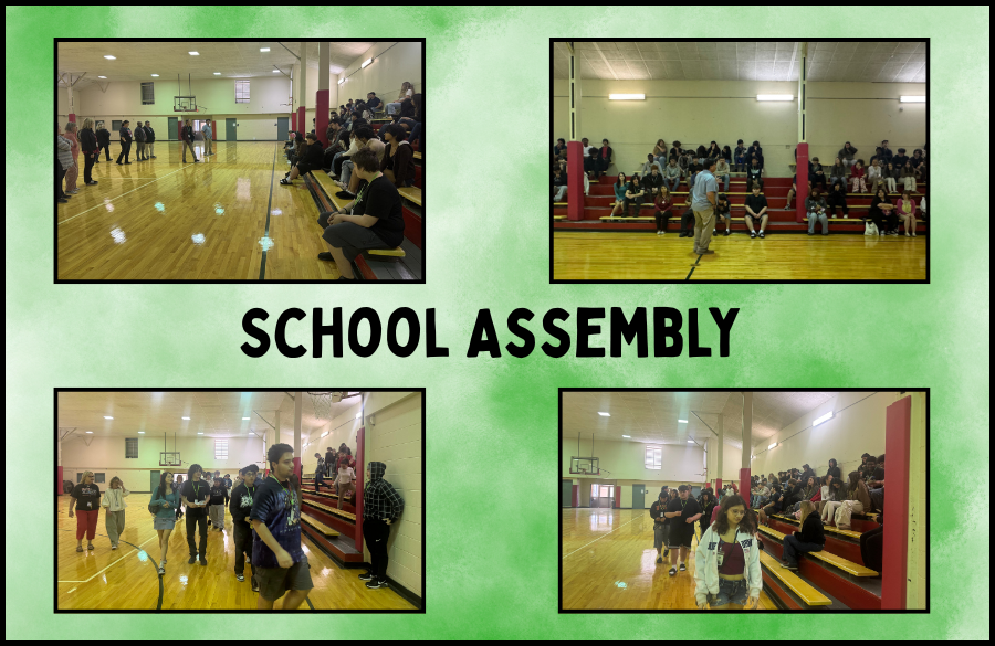 group of students, teachers and the principal gathered for school assembly
