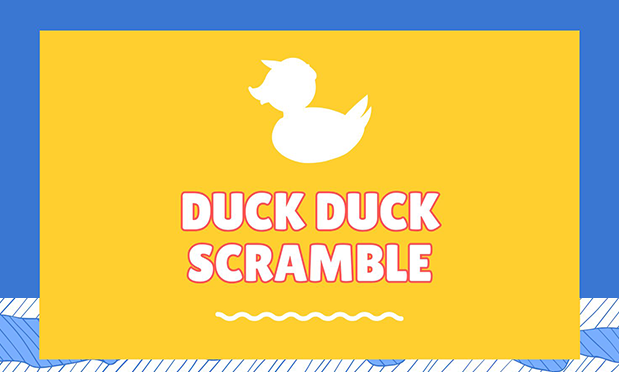 silhouette of a duck on a yellow & blue background. text overlay reads "duck-duck scramble"