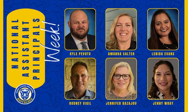 photographs of six high school assistant principals (2 male, 4 female) are featured on a blue background. at left is the samuel clemens buffalo  logo and text reading "national assistant principals week!"