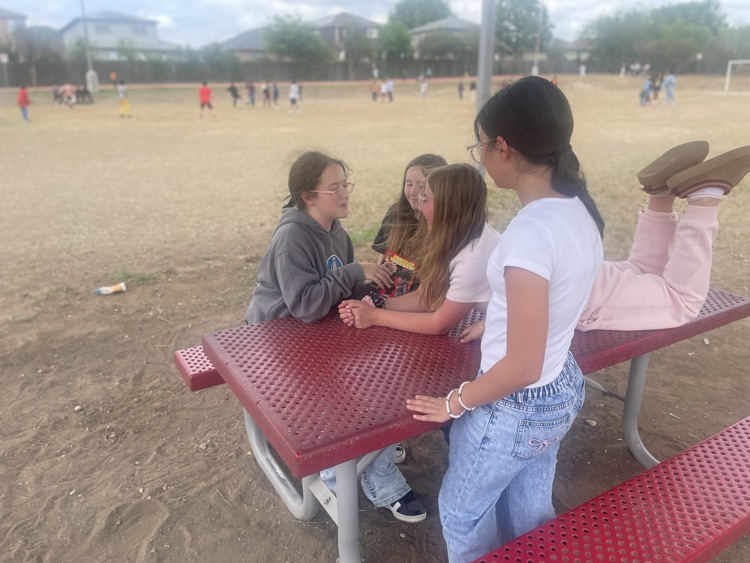 Group of girls talking on a picnic table
