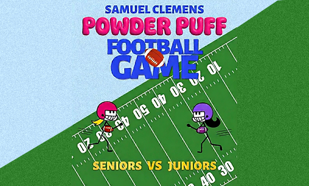 image of a blue & green background with markings by tens on the green background to simulate an american football field. two stick figures with football helmets & pony tails run towards each other. text reads "samuel clemens powder puff football game. seniors vs. juniors."