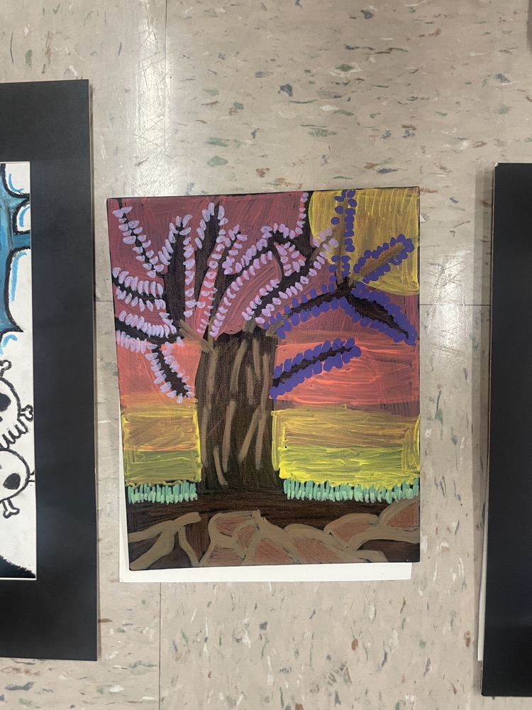 Guinevere’s artwork of a acrylic marker Mount laurel tree with sunset