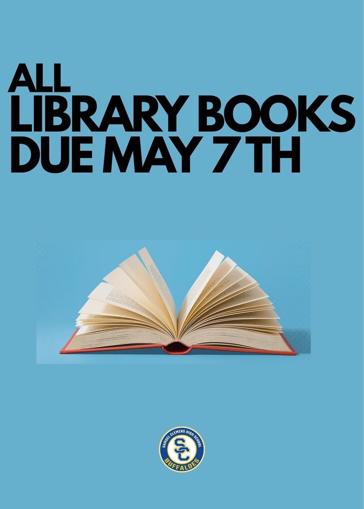 image of a hardback book, spine down, pages open & evenly splayed. text above reads "all library books due may 7th."