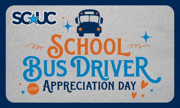 rounded-corner gray background adorned with stars & streamers reads "school bus driver appreciation day." a silhouetted image of a school bus is centered at top, with the scucisd logo in the upper-left corner.