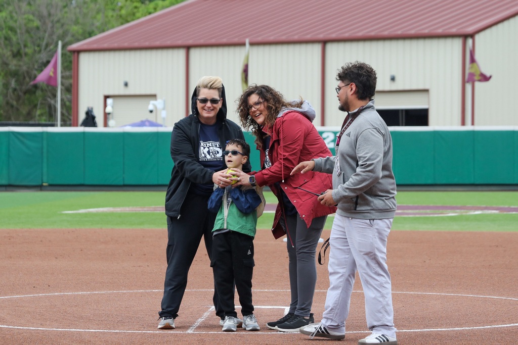 Yates Velebil threw the first pitch at the Texas State softball game