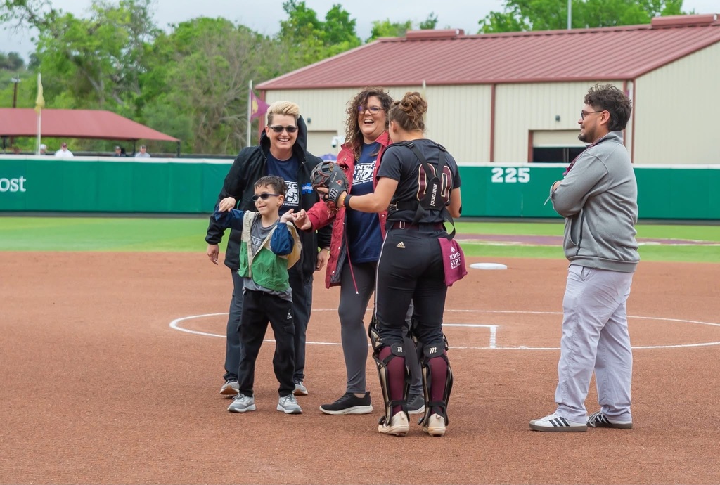 Yates Velebil threw the first pitch at the Texas State softball game