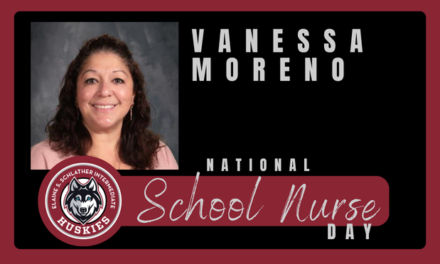 This banner shows a profile picture of nurse moreno with the schlather logo and national school nurse day banner