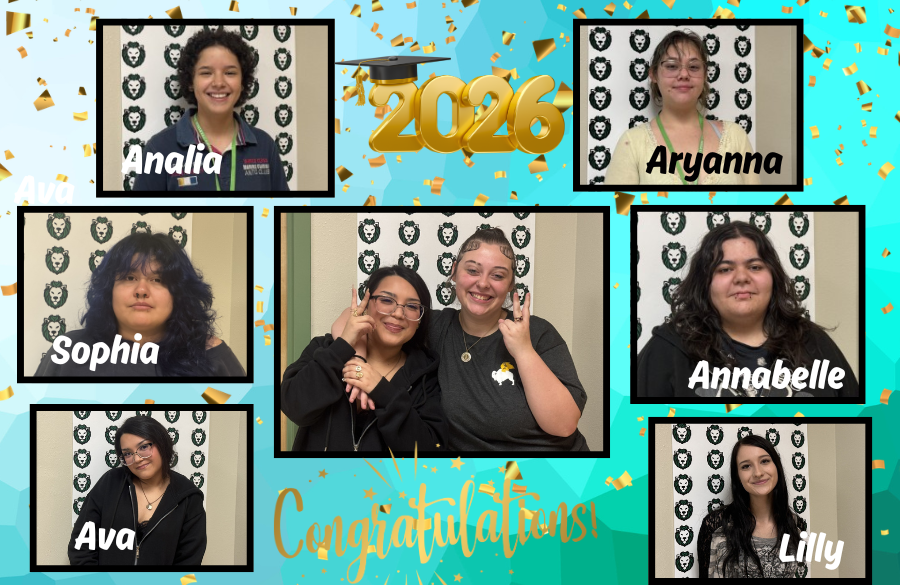 This image is a celebratory graduation collage for the Class of 2026, featuring individual and group portraits of six young women. The background is a vibrant teal and turquoise geometric pattern accented with falling gold confetti and the word "Congratulations!" written in gold script at the bottom.