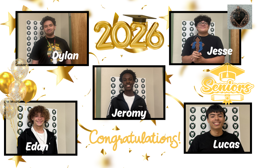 This image is a celebratory graduation collage for the Class of 2026, featuring individual portraits of five young men. The background is white, decorated with shimmering gold stars, gold and white confetti-filled balloons, and the word "Congratulations!" in gold script.