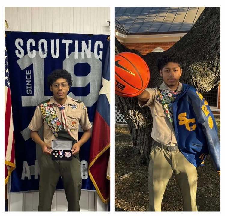 a male high school student poses in two portraits, side-by-side. left portrait features student before a blue banner with "scouting" visible on it, flanked by usa & texas state flags; the student is in a boy scouts of america uniform, decorated with 25 merit badges and other patches, holding his eagle scout pin and award. the right portrait is of the same student, outdoors before a tree, with a samuel clemens high school letterman jacket draped over his left shoulder and his right arm out-stretched, holding a nike-branded basketball