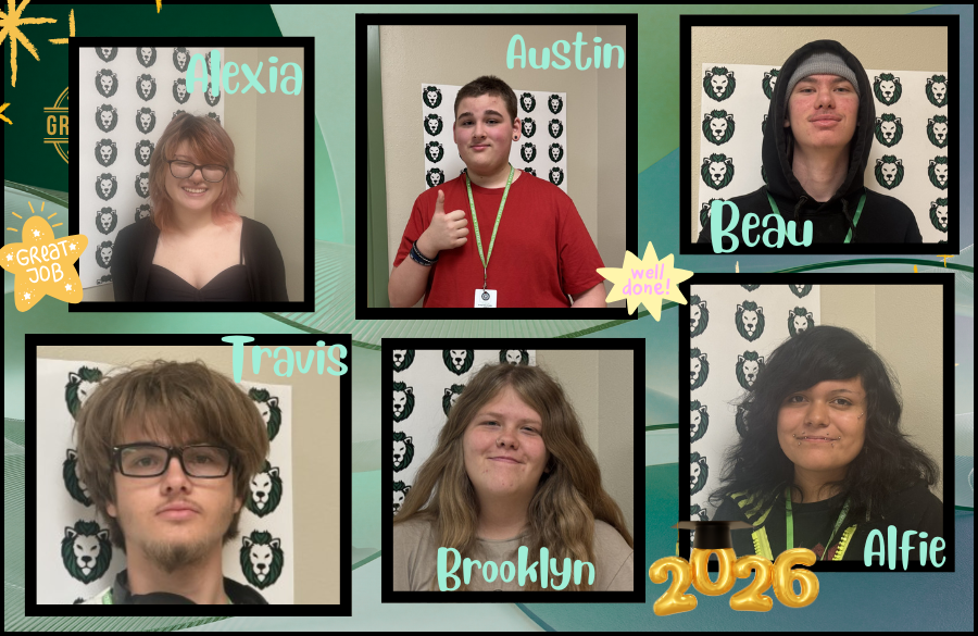The image contains six individual portrait photos arranged in two rows, each framed with a thick black border. All students are posed in front of a white backdrop featuring a repeating black lion head logo.