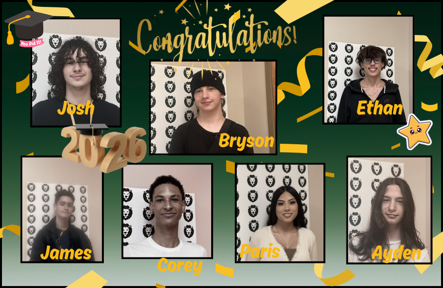 A green and gold graduation collage for the Class of 2026 featuring portraits of seven students: Josh, Bryson, Ethan, James, Corey, Paris, and Ayden. The graphic is decorated with yellow confetti, the word Congratulations! in gold script, and a 2026 graduation cap icon.