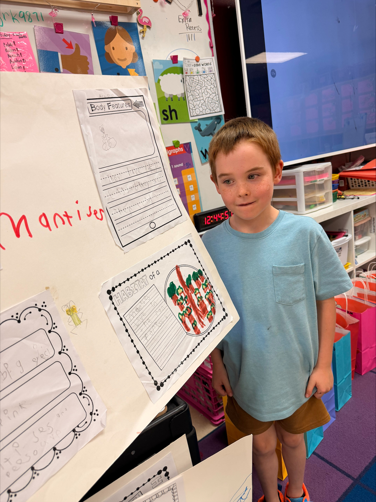 Kinder grizzlies showing off their animal projects to 4th graders. 