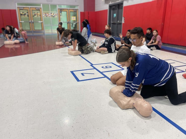 students practicing CPR on dummies in the gym