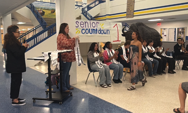 a high school senior in a flowy dress walks to teachers to receive her ib stole