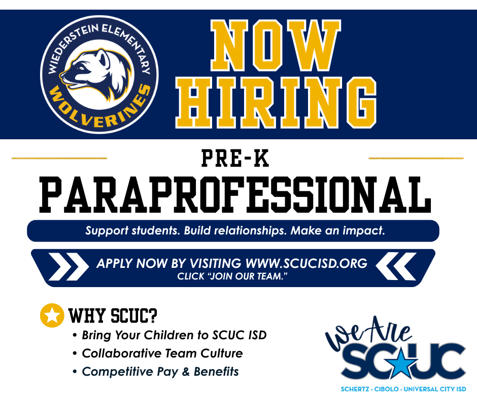Now Hiring a Pre-K Paraprofessional at Wiederstein Elementary!