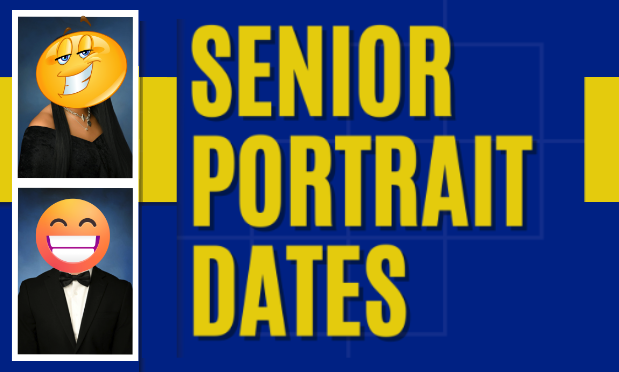 image of high school senior portraits with silly emojis inserted over student faces. text reads "senior portrait dates"