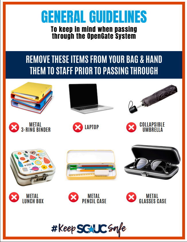 items that cause metal detectors to go off are metal 3 ring binders, laptops, umbrellas, metal lunch box, metal pencil case, and metal glasses case.