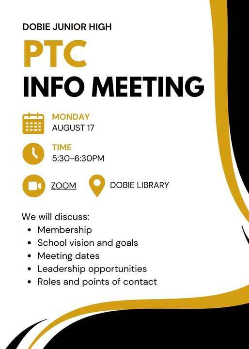 Information about Dobie PTC meeting on August 17 at 5:30 PM