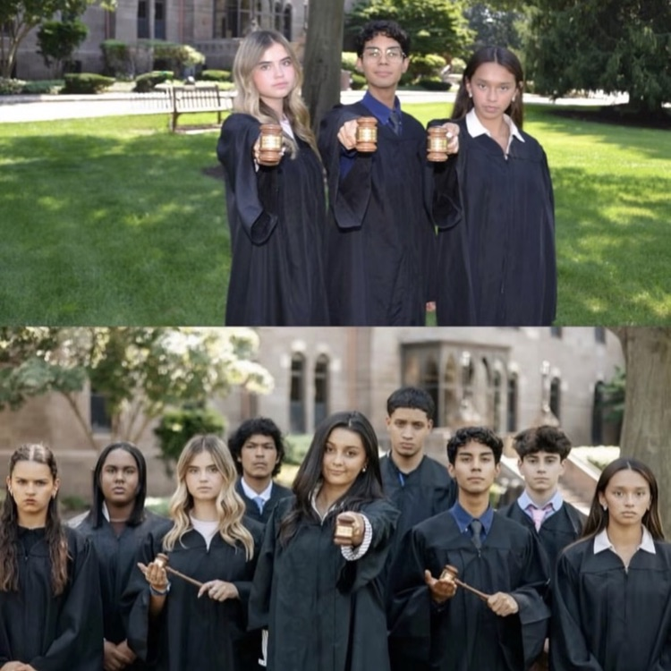 pictures of students wearing black robes and holding gavels