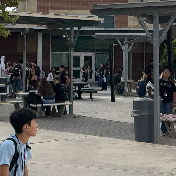students waiting in the courtyard