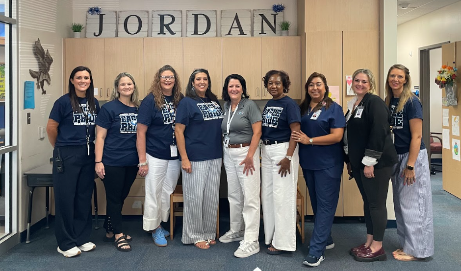 picture of Jordan administrators, front office staff, and Superintendent  Paige Meloni