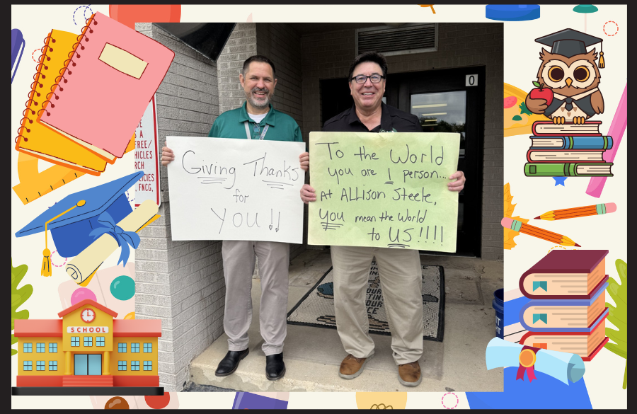 Mr. Trevino and Mr. Wendel welcoming sttudents