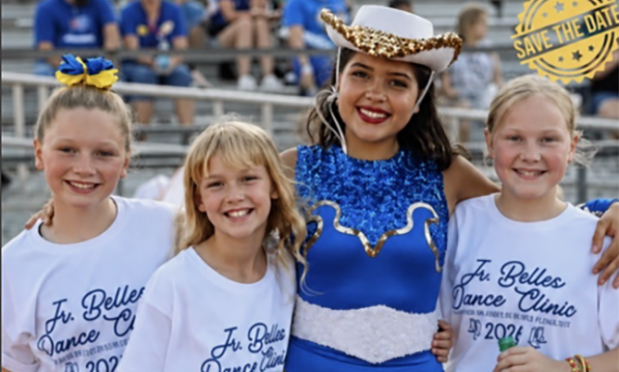 a high school dance team member in blue sequins & a white cowboy hat is flanked by three adolescent girls wearing t-shirts that read "jr belles dance clinic." they stand before bleachers in an outdoor stadium. a stamp to "save the date" is in the upper-right corner.
