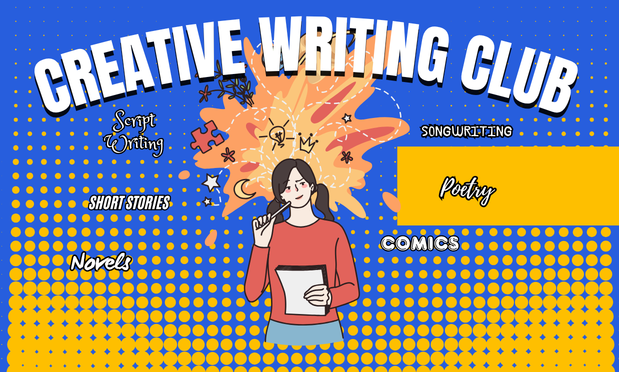 image depicting a thoughtful person with a notebook and an explosion of ideas. text reads  "creative writing club: script writing, songwriting, short stories, poetry, novel, comics"