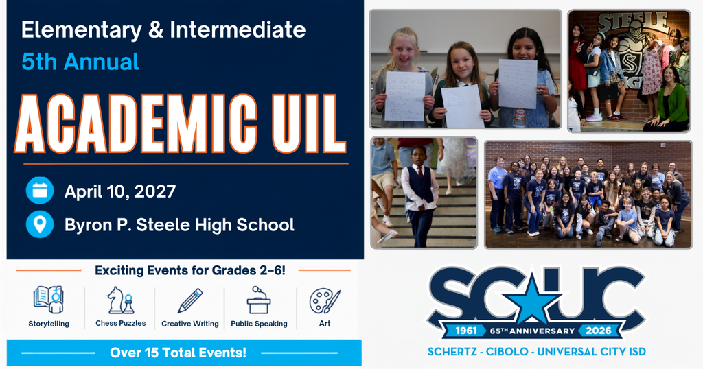 5th Annual Academic UIL  Grades 2-6 - 15+ Events - 11 Campuses  Speaking - Writing - Chess Puzzles - Math & More!  Interested in participating?   Check Parent Square for more information. 