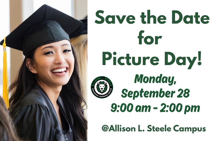 A picture of a student with cap and gown and a caption that says save the date for picture day!