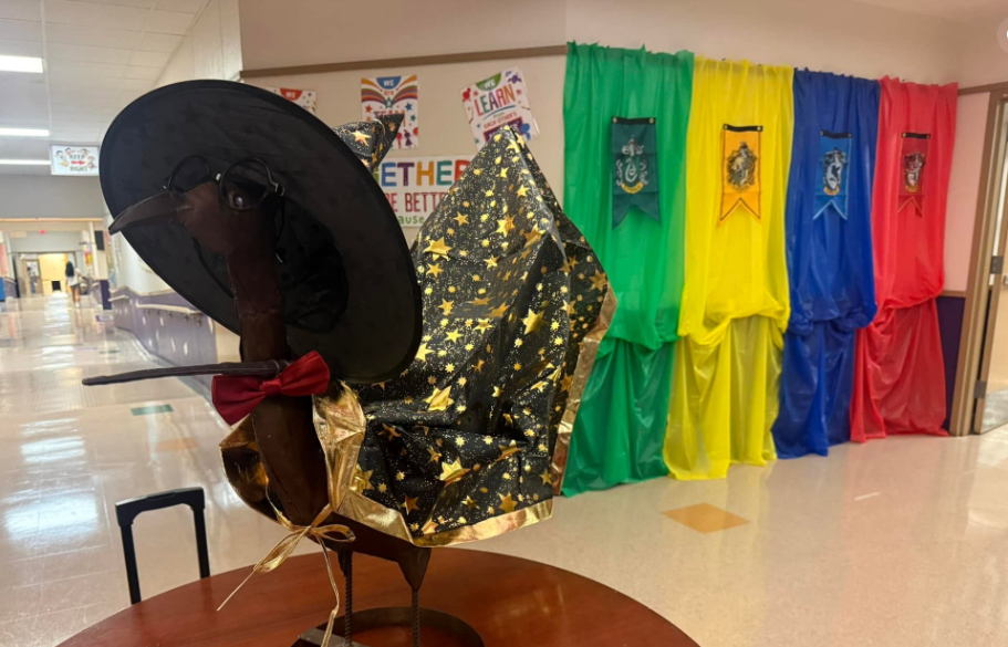Leeroy the chaparral statue is dressed as a wizard
