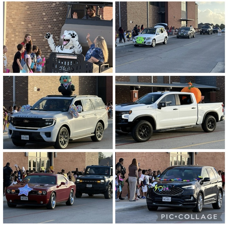 Decorated cars and students in background.
