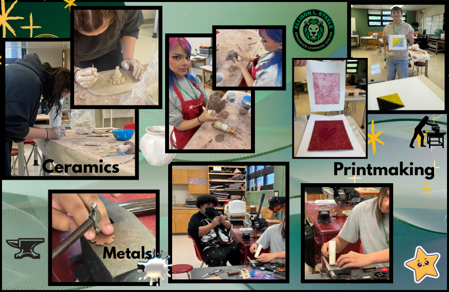 Various students working on ceramics, printmaking, and metals in art class.
