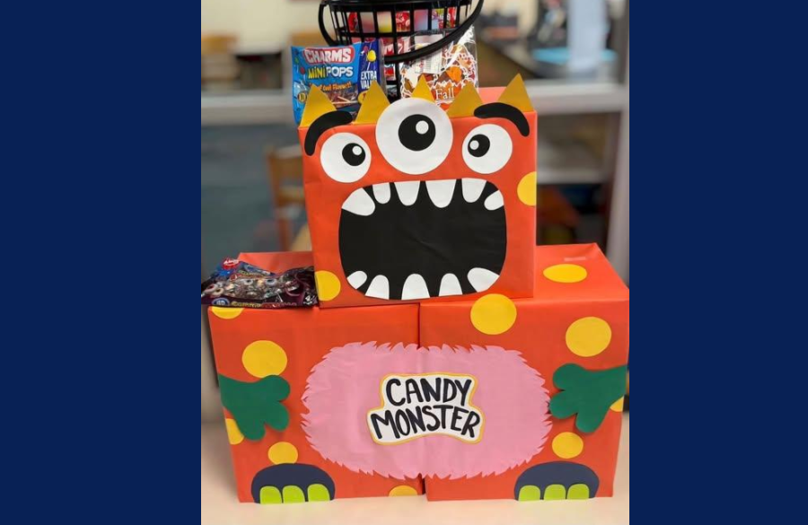 picture of the candy monster that is accepting donations of candy and prizes for the fall festival