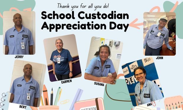 custodian appreciation poster with 3 female custodians and 3 male custodians