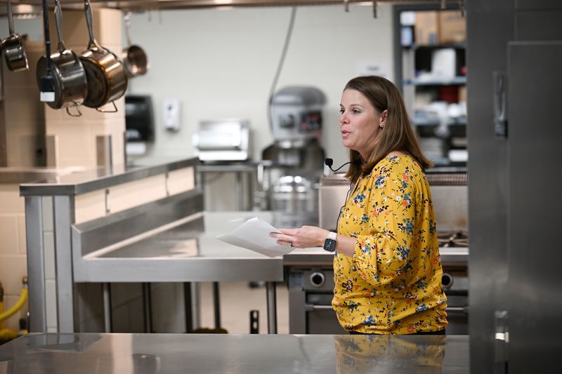 Amy Massey shows off the Clemens HS Culinary Arts kitchen