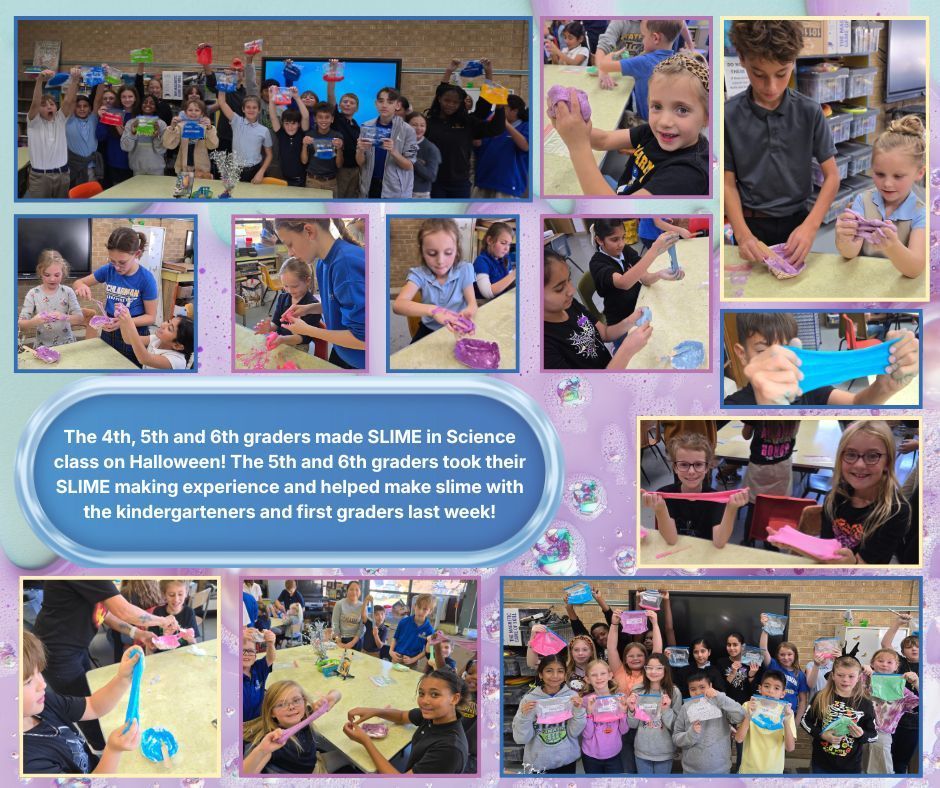 The 4th, 5th and 6th graders made SLIME in Science class on Halloween! The 5th and 6th graders took their SLIME making experience and helped make slime with the kindergarteners and first graders t