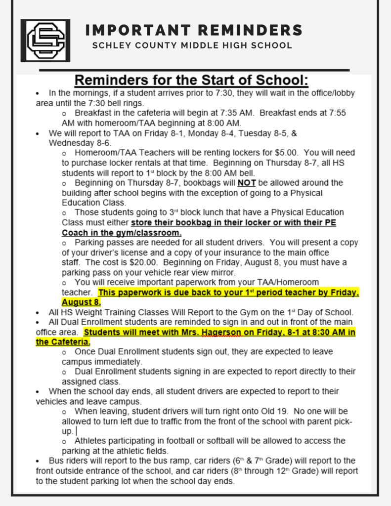 Important Reminders for the Start of School