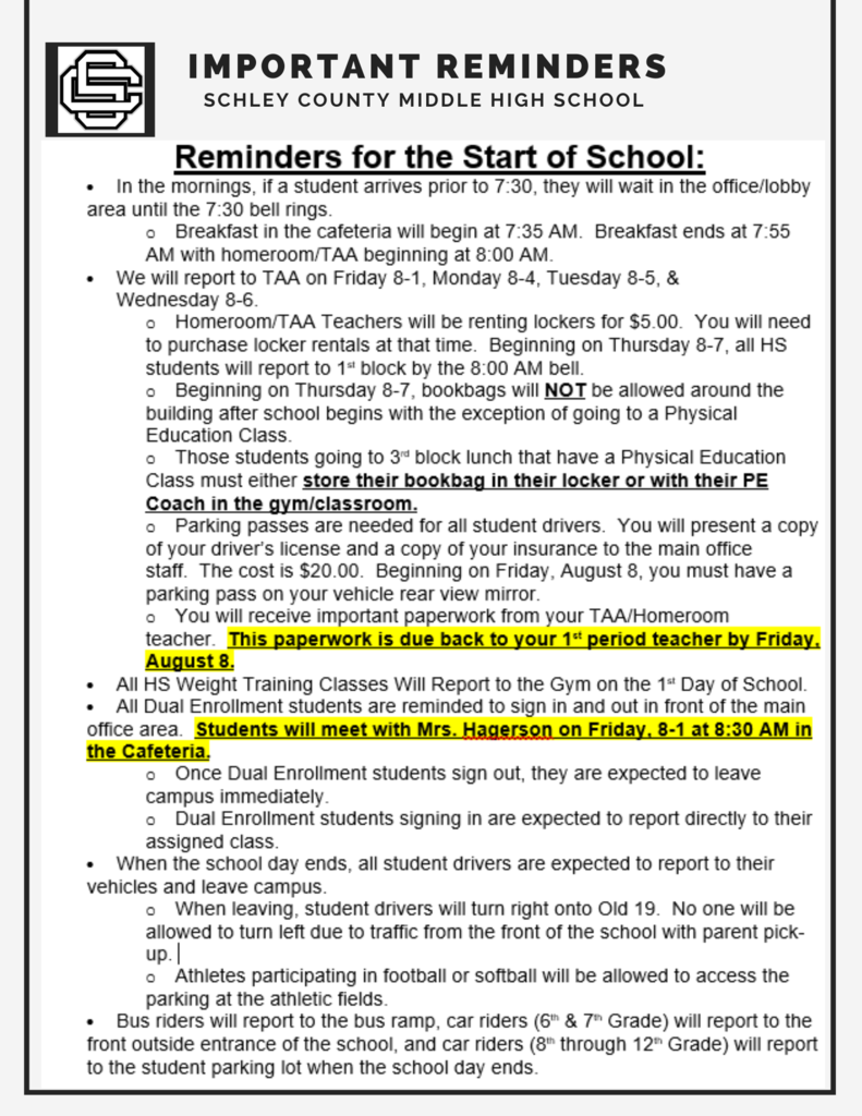Important Reminders