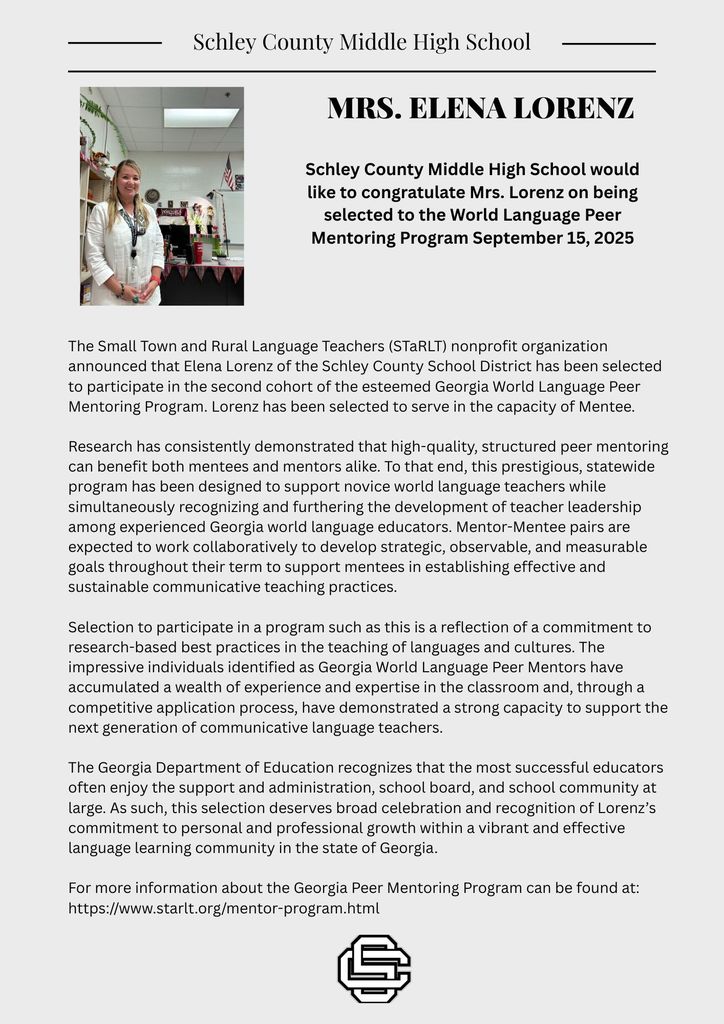 Congratulations  to Mrs. Lorenz  for being selected to participate in the World Language Peer Mentoring Program 