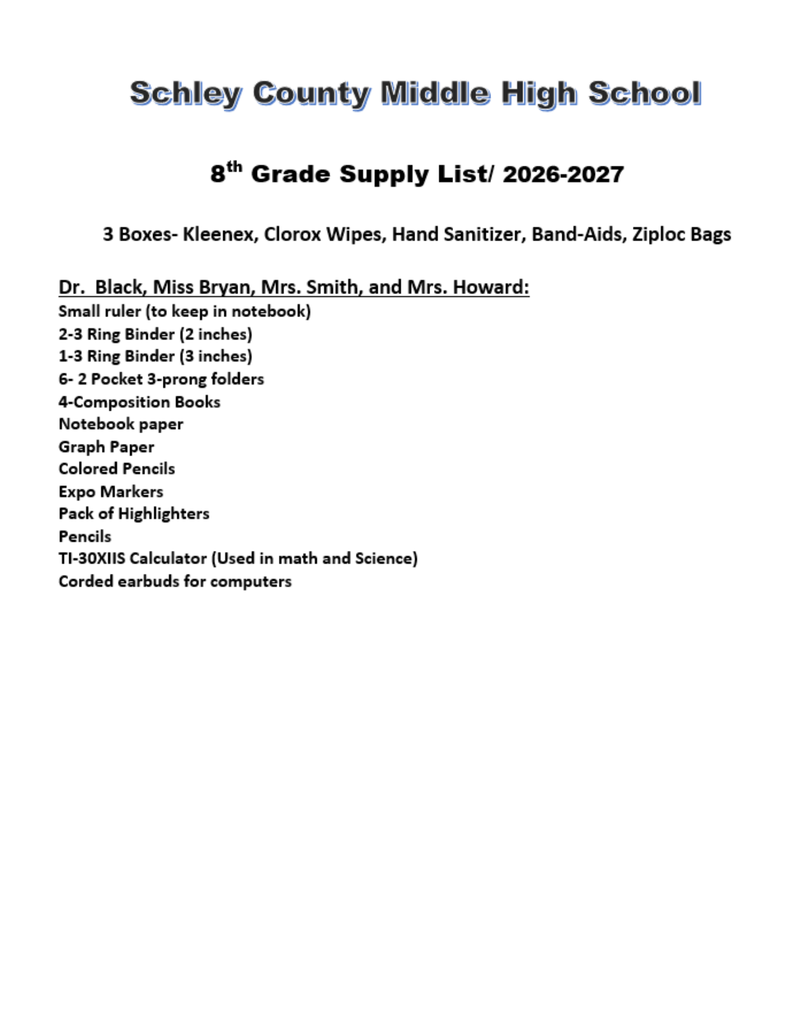 8th Grade Supply List