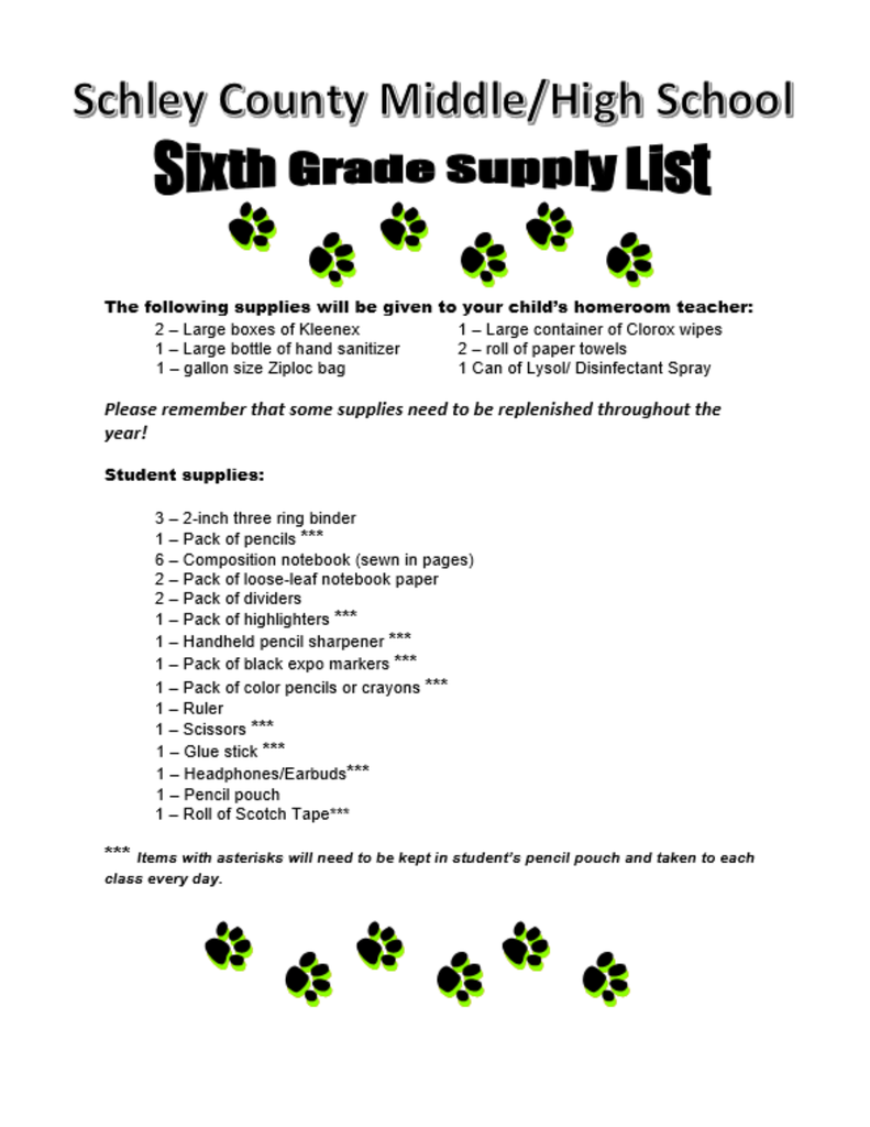 6th Grade Supply List